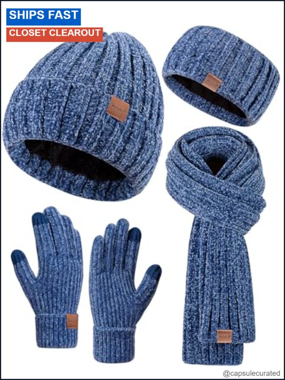 Chenille Winter Hat Scarf Gloves Headband Set, Fleece Lined Touchscreen Gloves